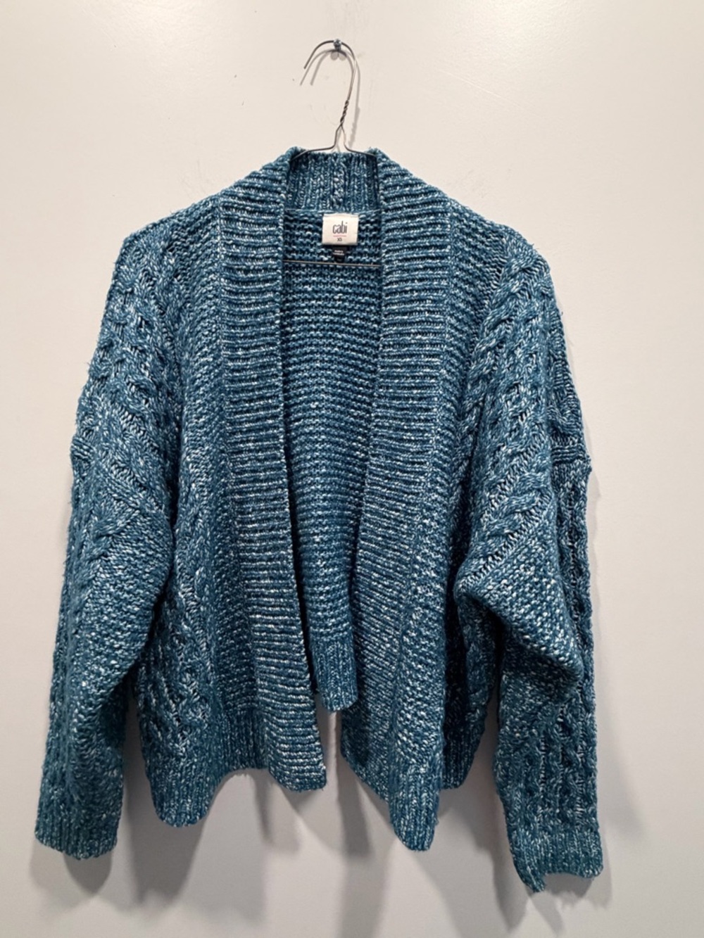 CAbi Teal Open-Front Cable Knit Cardigan